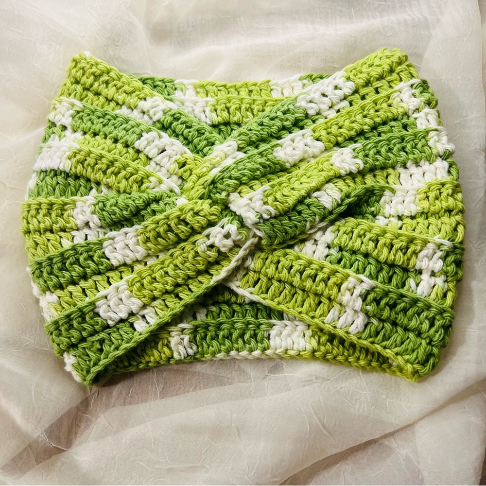 Crochet Headband, Head Wrap, Ear Warmer - Green & White